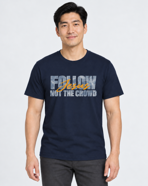 Home asian man in navy graphic tee