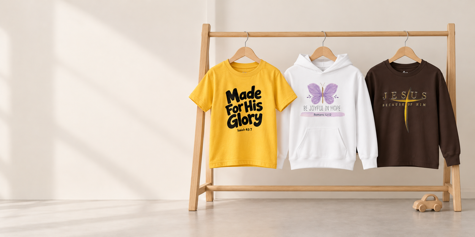 kids collection on a wooden rail