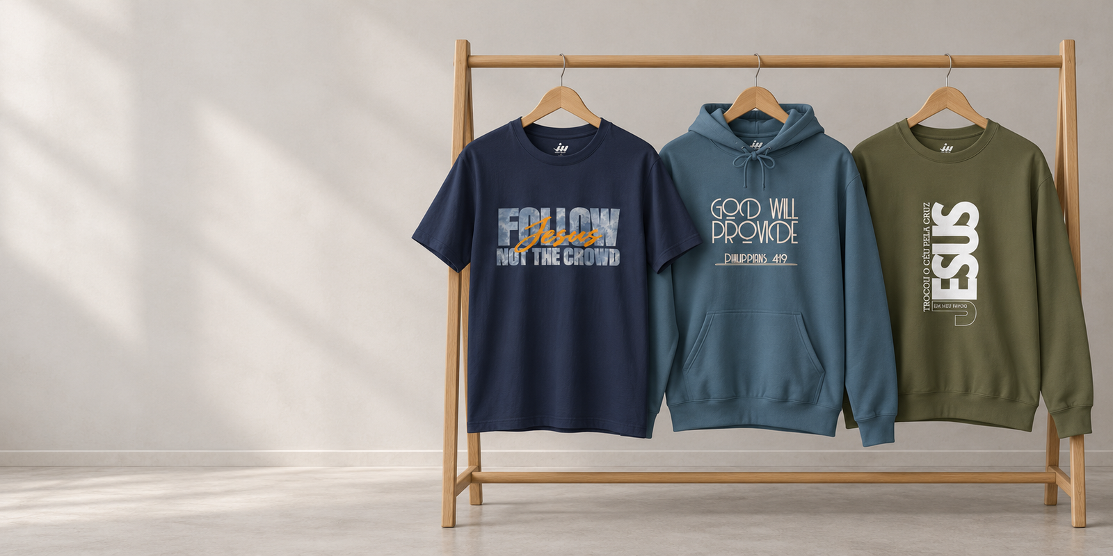minimal christian apparel rail display